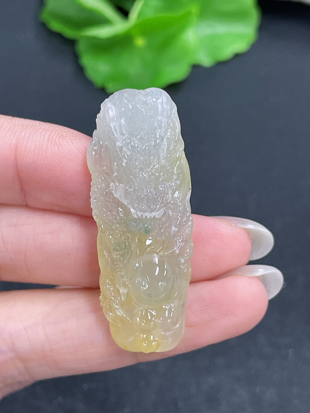Jadeite pendant with dragon plaque, handcrafted jade jewelry from HKHQ, weighs approximately 10g, showcasing intricate dragon carving.