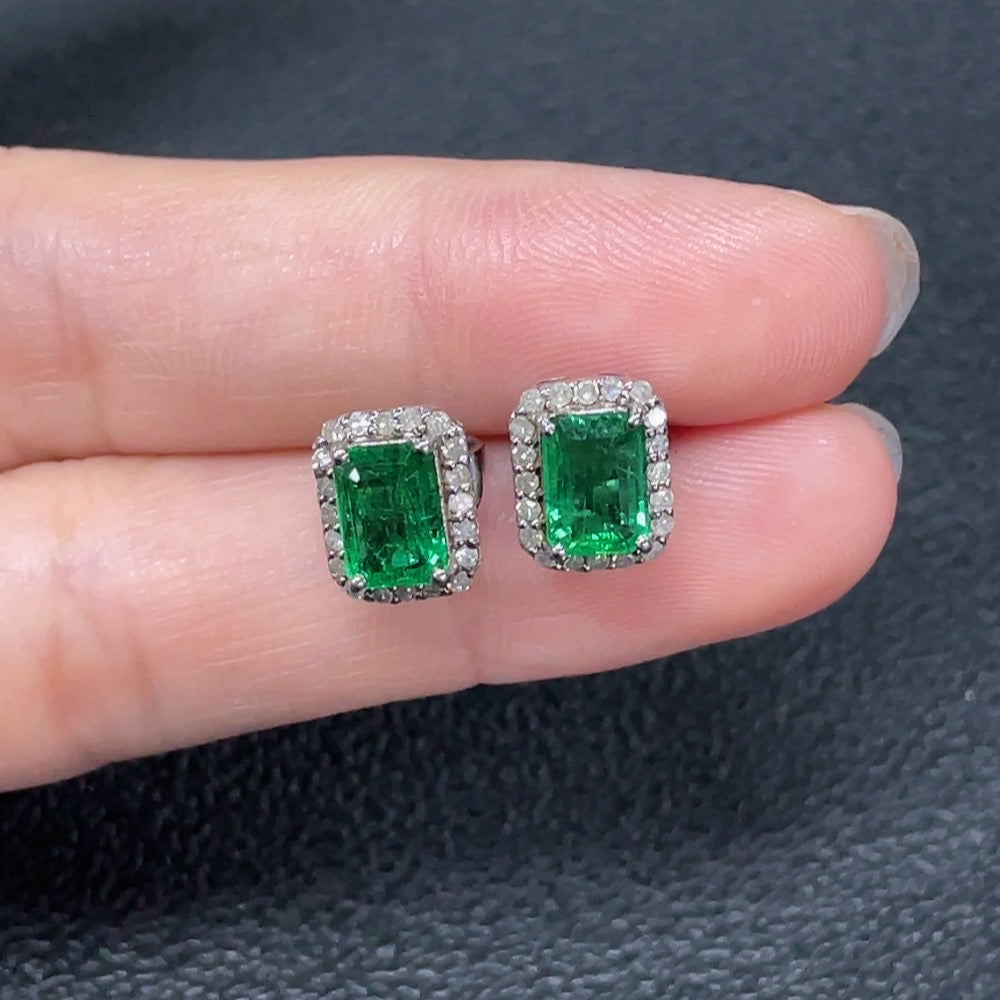 Emerald earrings, clarity enhanced, non-gold, diamond-accented