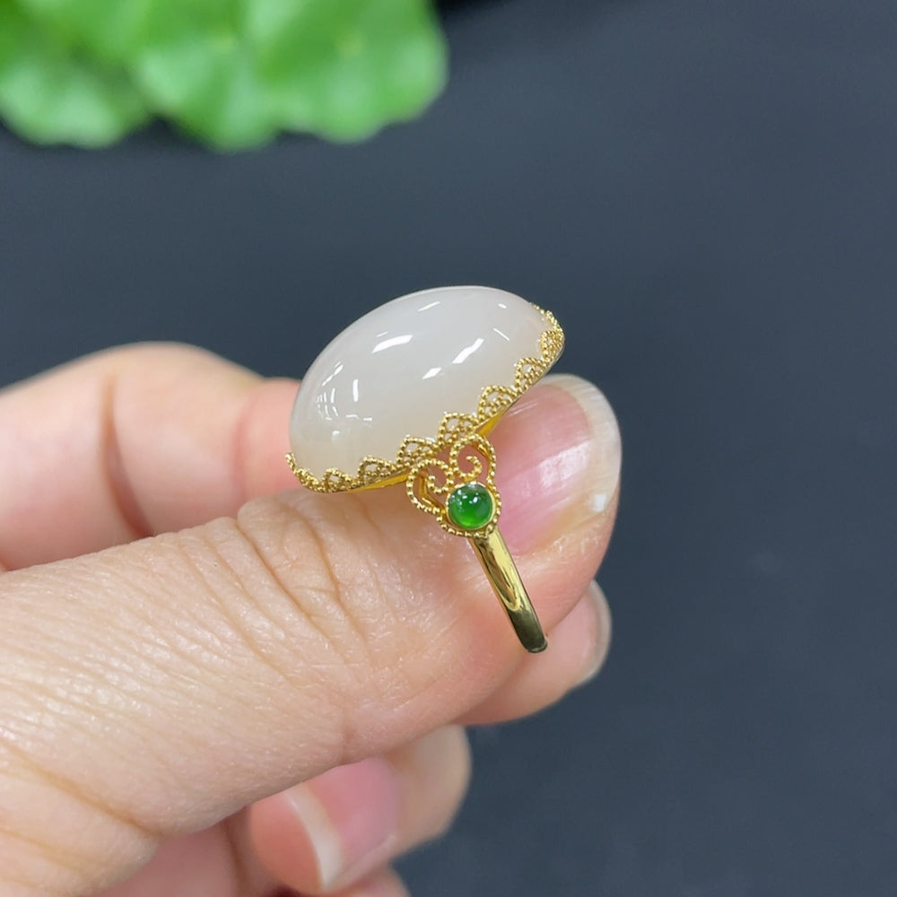 Hetian Jade Cabochon Inlaid Ring, 18k Gold, Size 15, Total Weight Approx. 3.3g