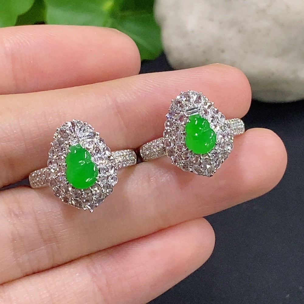 Jadeite gourd inlaid ring by HKHQ with 18k gold and diamond, size 14, showcasing intricate craftsmanship and elegant design.