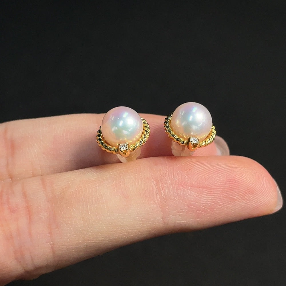 Pearl Earrings Set in 18K Gold, Approximately 7.6mm, Accented with Diamonds