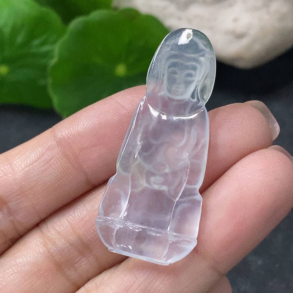 Jadeite Guanyin pendant from HUILIU HQ, carved figure with smooth green jade surface, weighs approximately 4.35 grams.