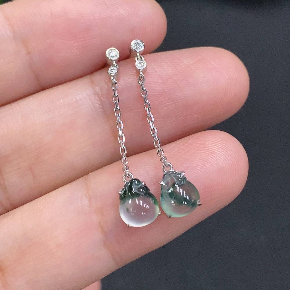 Jadeite ear studs with diamond accents in 18K gold by HUILIU HQ, featuring polished jade stones and gold posts.
