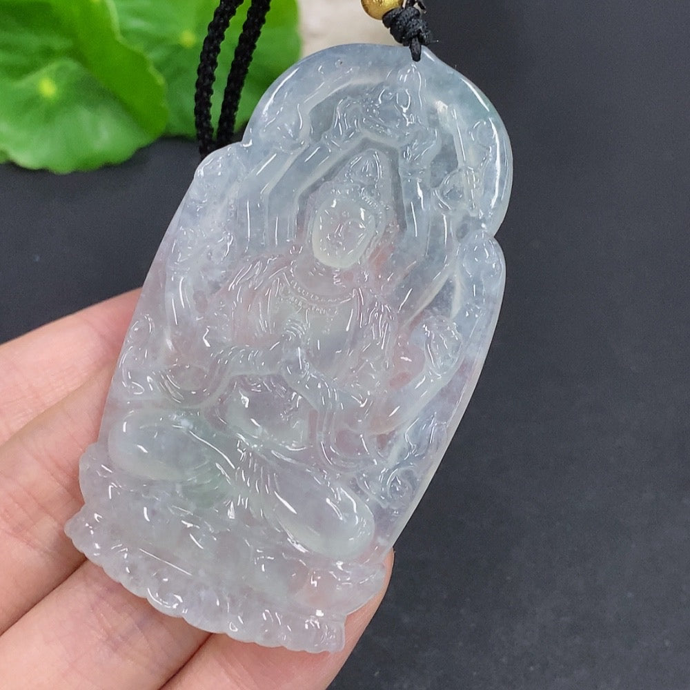 Jadeite Thousand-Hand Guanyin pendant necklace by HKHQ featuring intricate carved jadeite design.
