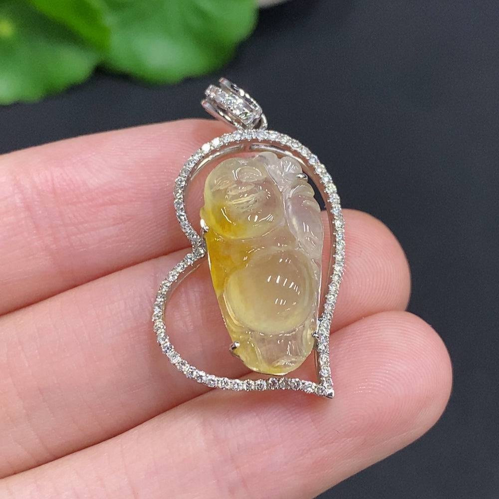 Jadeite Laughing Buddha pendant in 18K gold setting with diamond accents, showcasing a detailed carved jade figure.