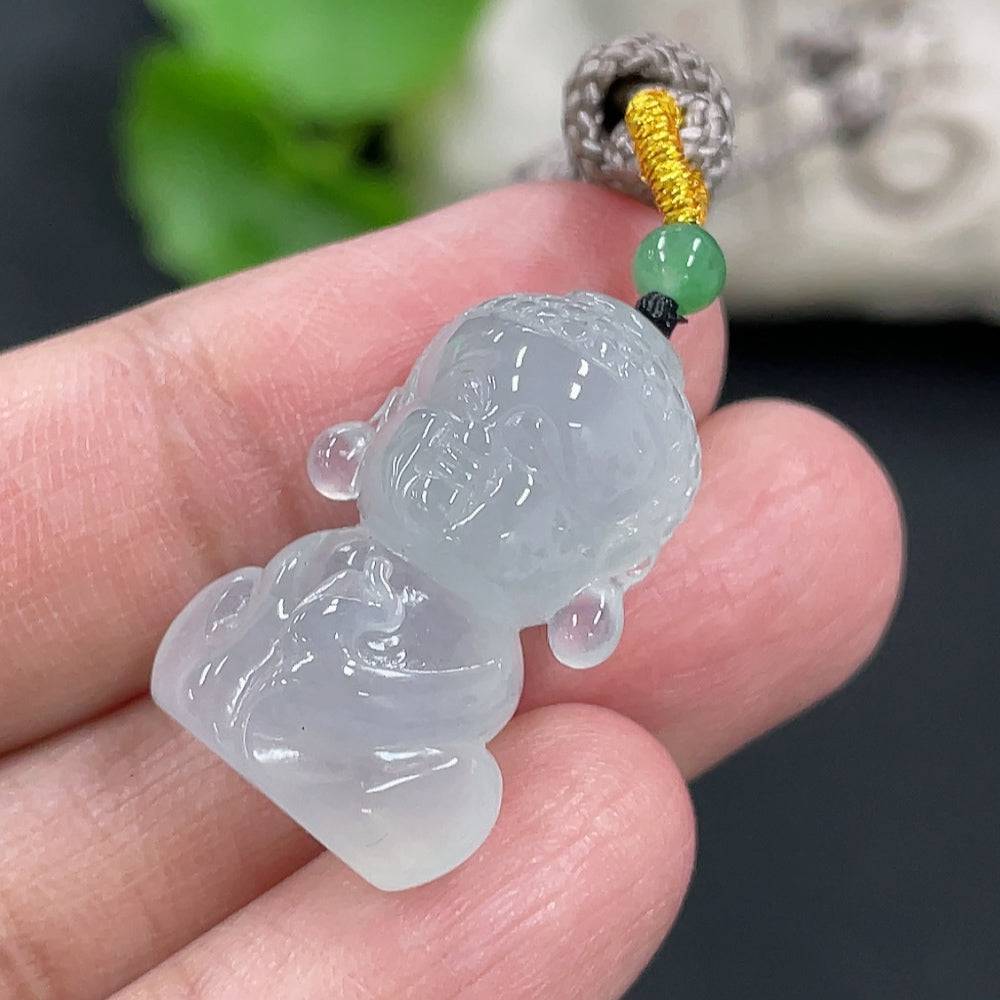 Jadeite Baby Buddha pendant from HUILIU HQ featuring a smooth, polished jade charm with intricate carved details.