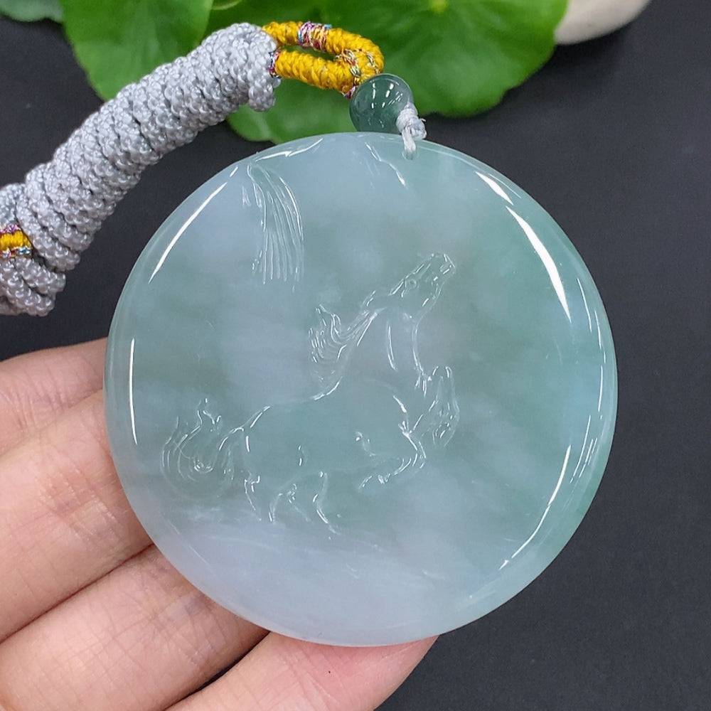 Jadeite Success Horse pendant with rope, crafted by HUILIU HQ, weighing approximately 43.8g, featuring detailed horse design.