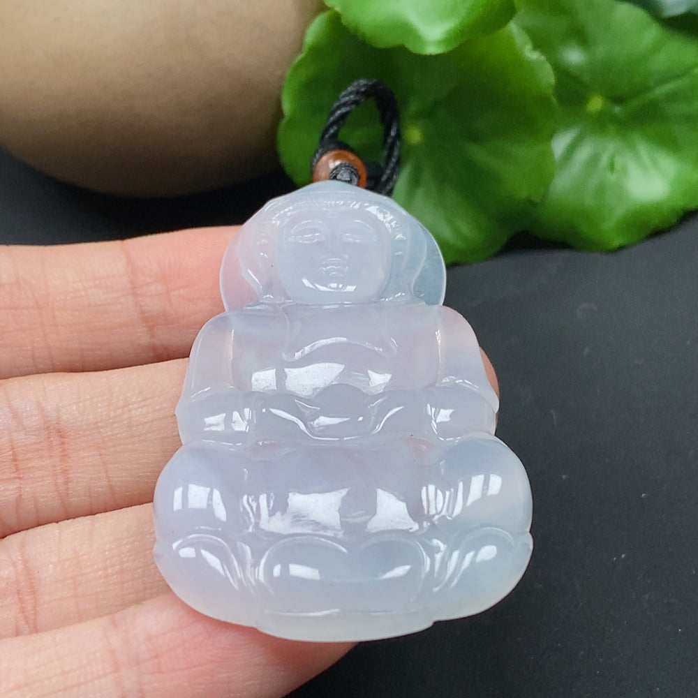 Jadeite Guanyin pendant necklace from HKHQ, detailed green stone carving with a total weight of 20.56g.