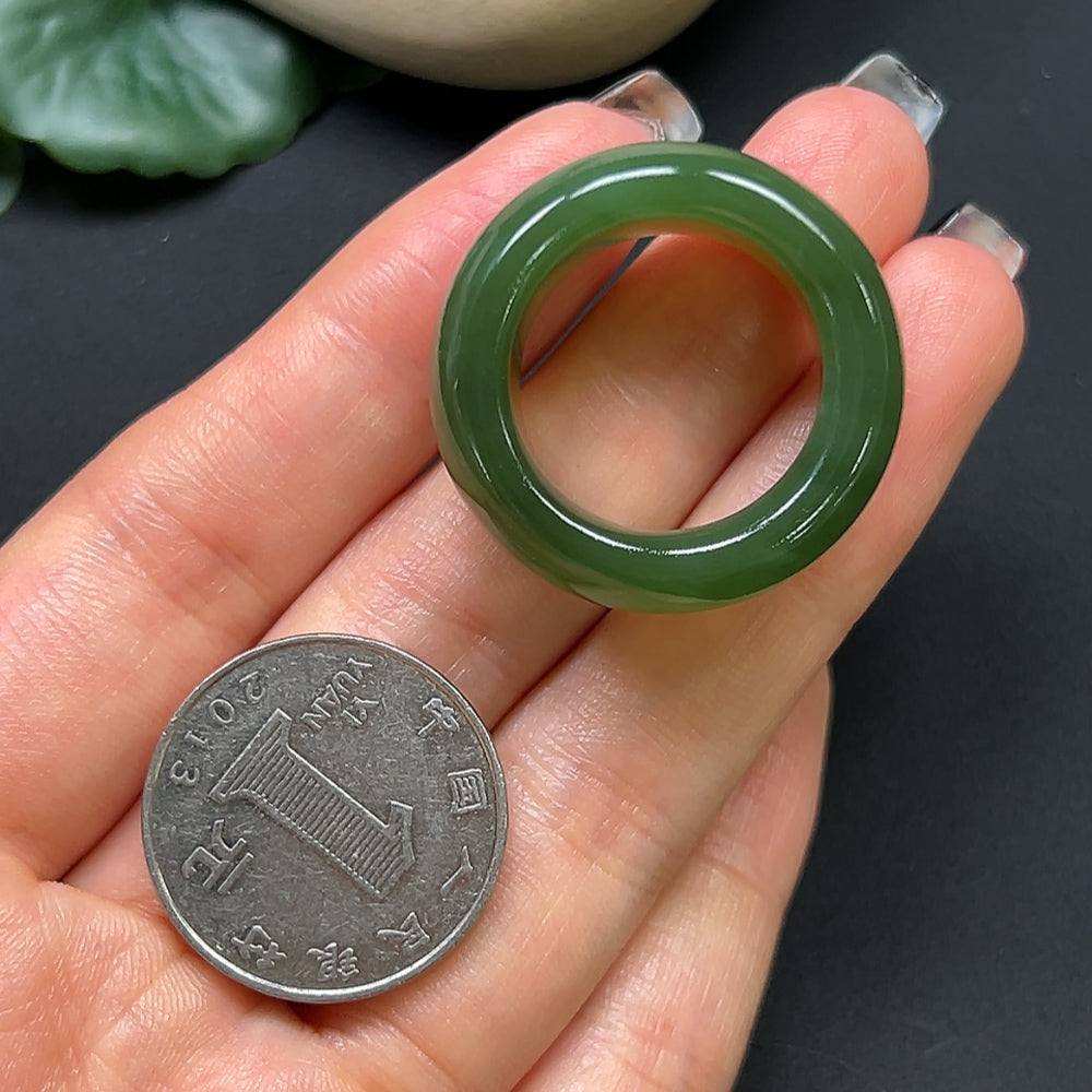 Hetian jade jewelry thimble, size 24, crafted by HKHQ with a total weight of approximately 14.37g, showcasing smooth green jade.
