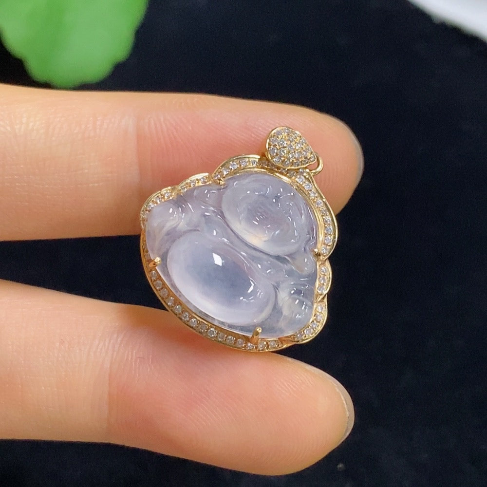 Jadeite Buddha Pendant with 18k Gold and Diamond Accents, Total Weight Approximately 3.87g