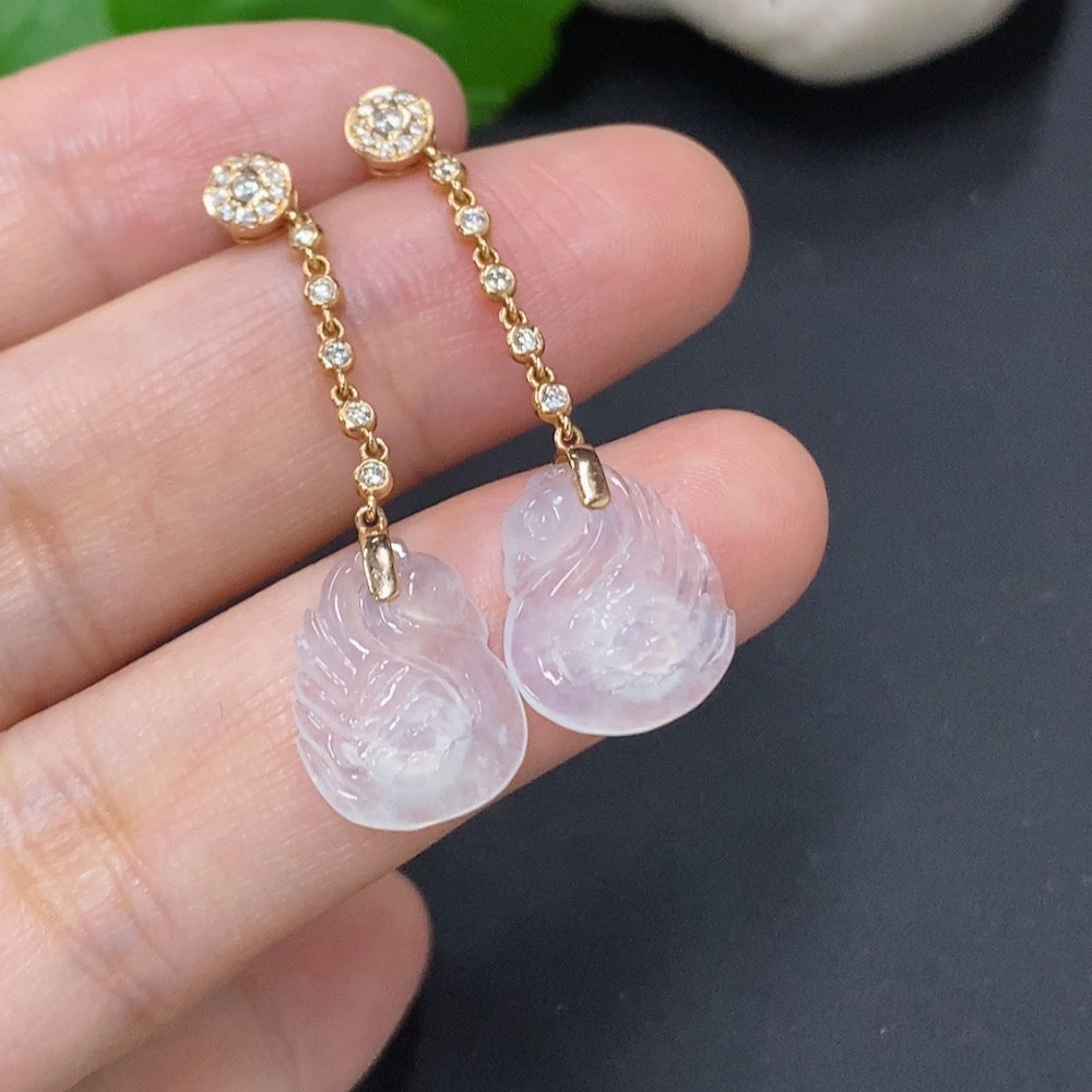 Jadeite Swan inlaid earrings with 18k gold and diamond accents, showcasing detailed craftsmanship and elegant design.