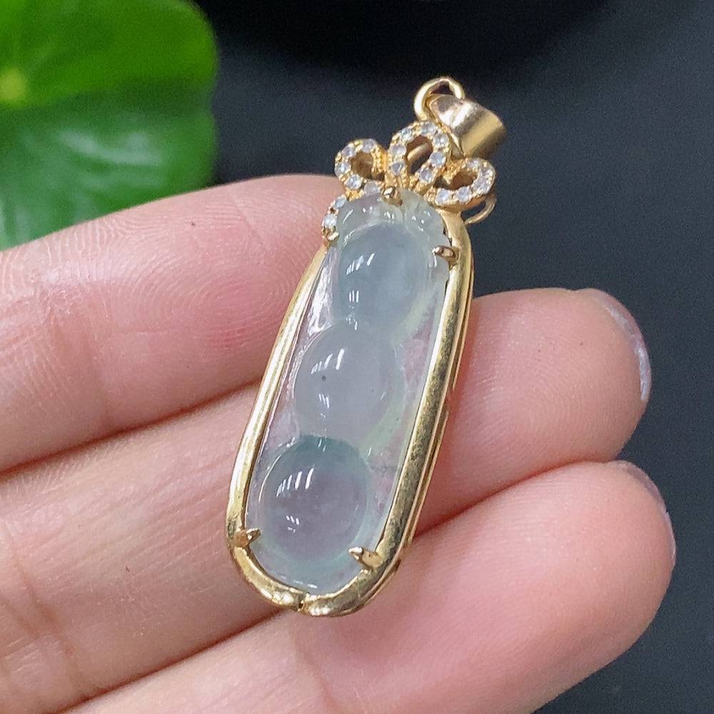 Huiliu Jadeite lucky bean pendant with diamond accents, inlaid design, tested jade, no stamp, certified by Huiliu HQ.