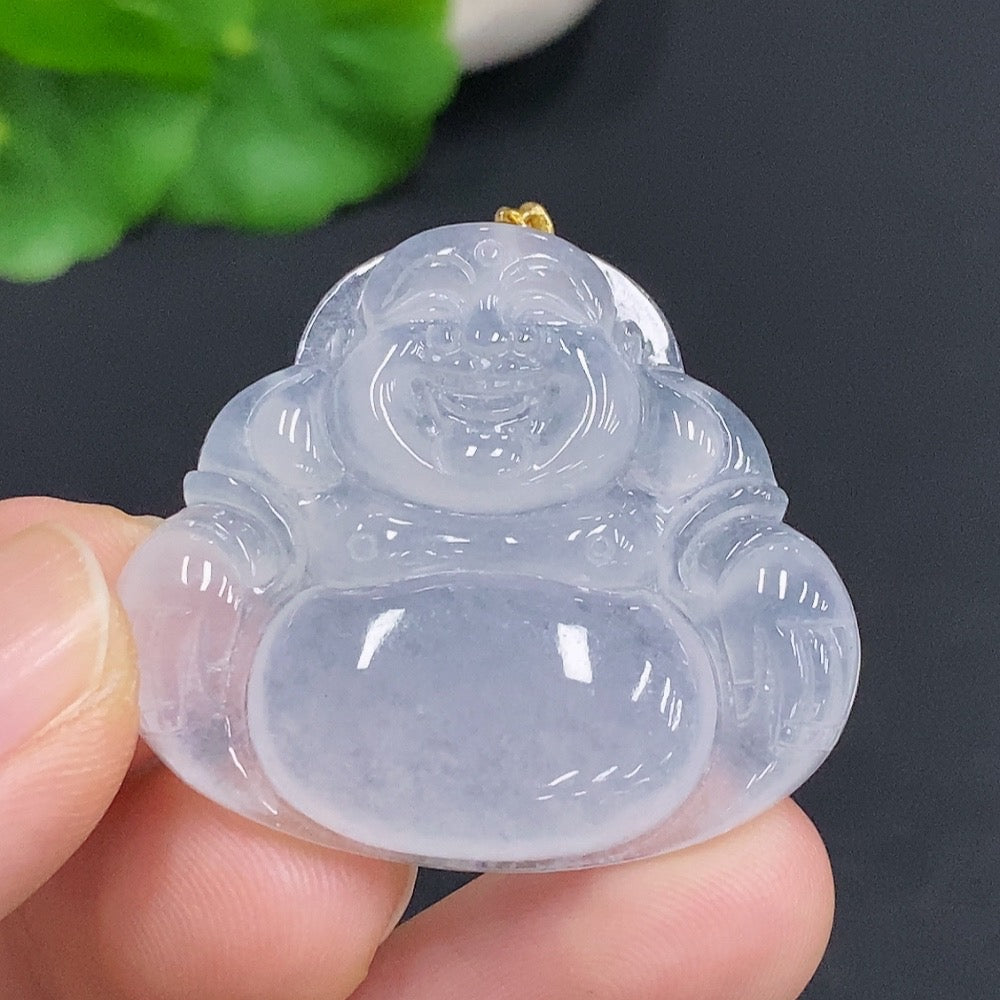 Jadeite Buddha pendant with 18k gold clasp, crafted from green jade, weighing approximately 10g, by HUILIU HQ.