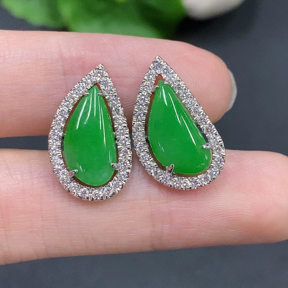 Jadeite Cabochon Stud Earrings . (Including Backs) | Huiliu Certified