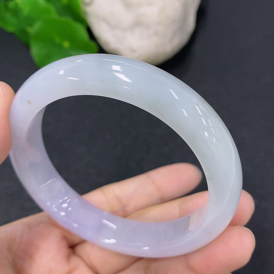 HKHQ jadeite round bangle with 53.8mm diameter and 49.63g weight, showcasing smooth, polished green jadeite bracelet.