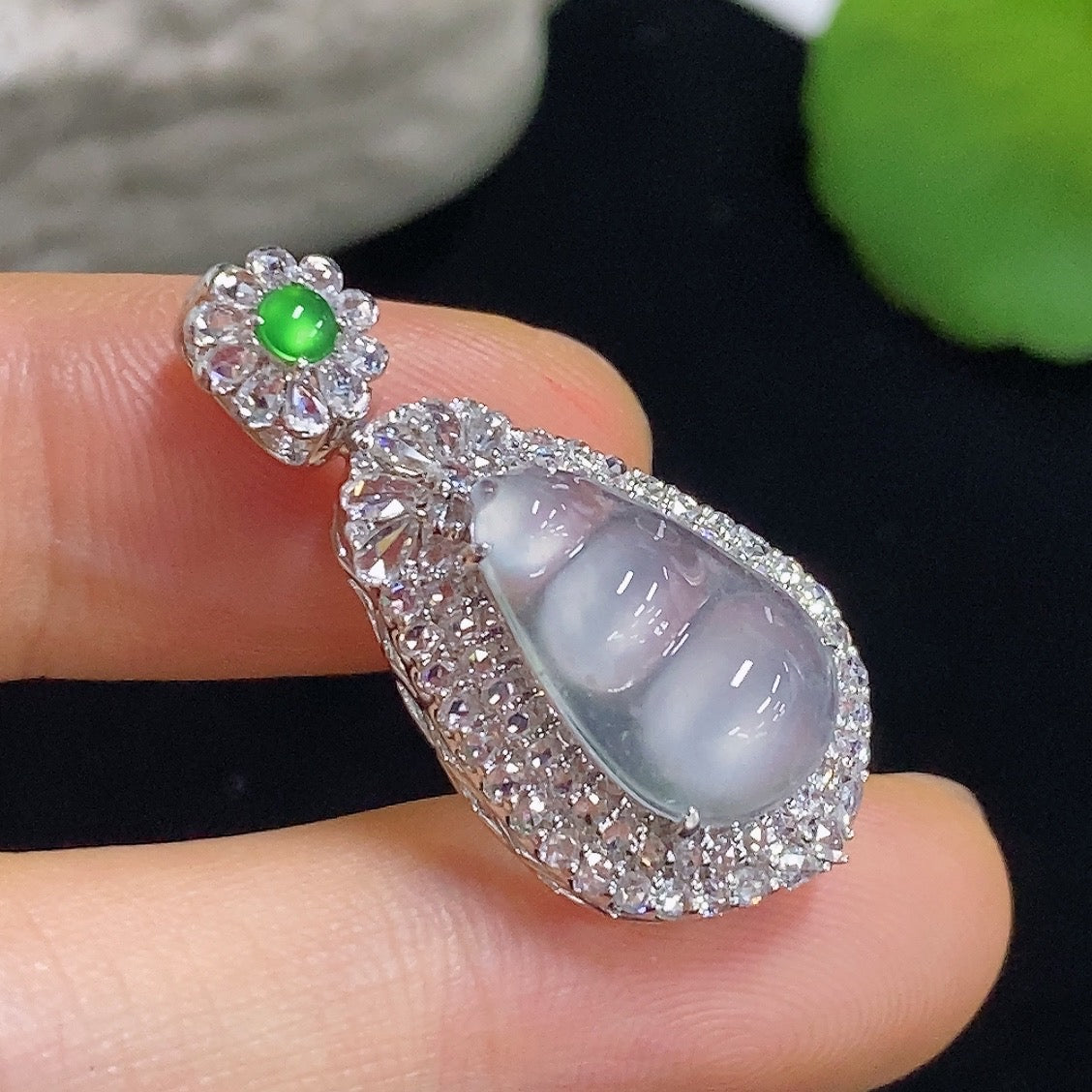 Jadeite Fudu Bean Inlaid Pendant 18k with Diamond Accents Total Weight Approximately 3.47g
