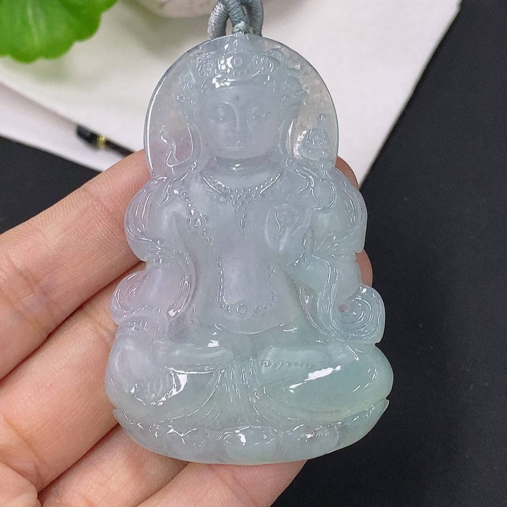 Jadeite Guanyin pendant with cord, crafted from green jade, weighs approximately 31.78g, featuring detailed religious iconography.