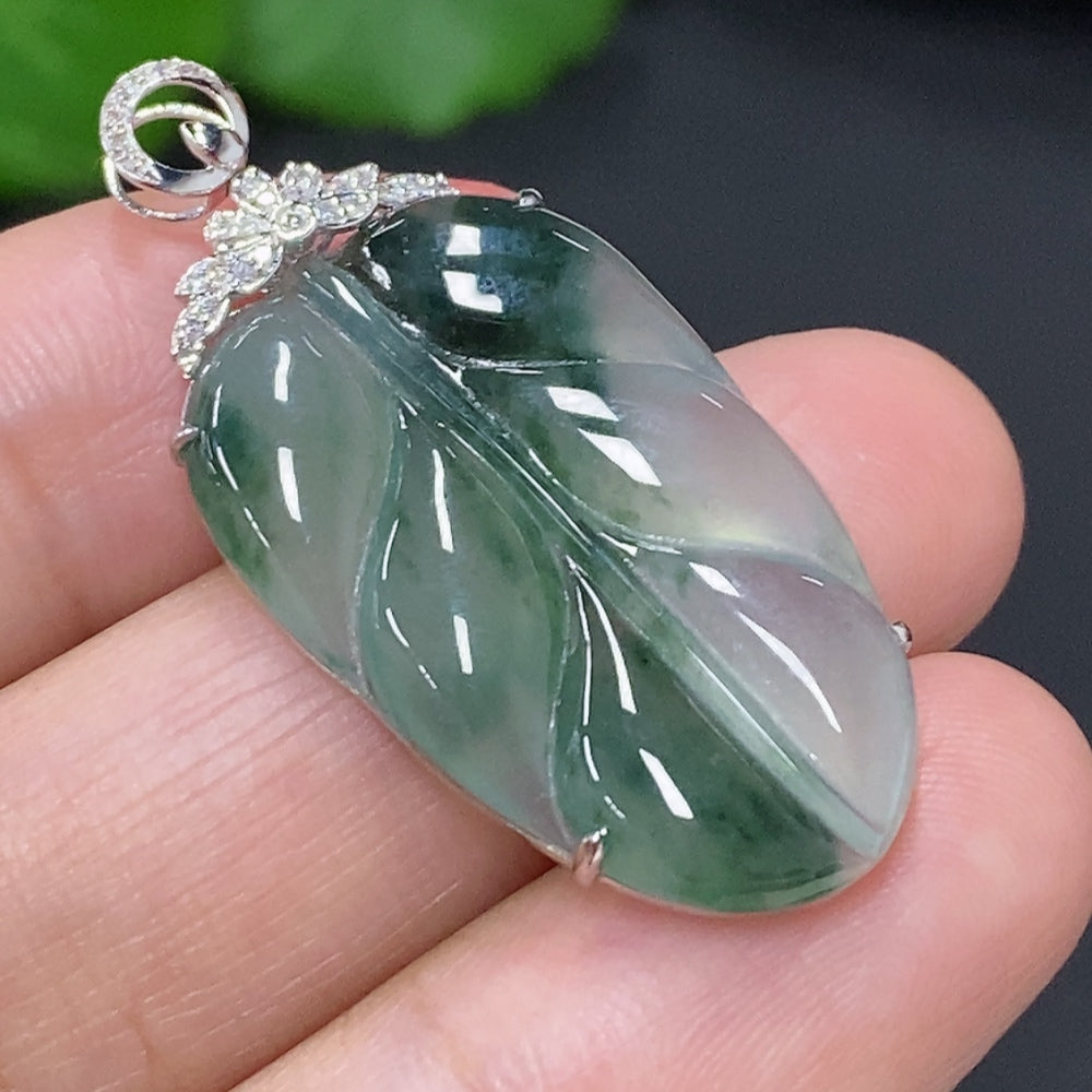 Jadeite Leaf Inlay Pendant . (With Diamond Accents) | Huiliu Certified