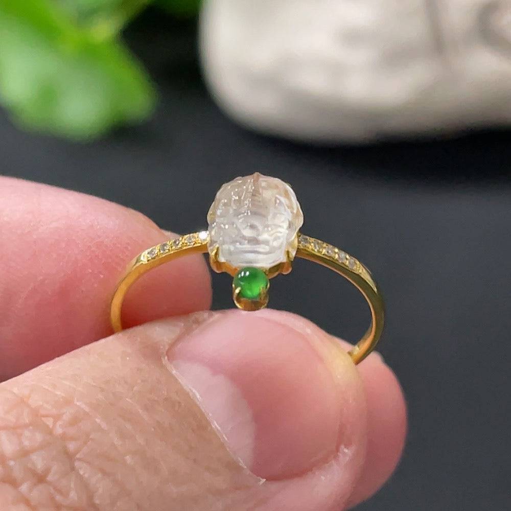 Jadeite cabochon solitaire ring with 18K gold setting, accented with diamonds, size 13, from HUILIU HQ, showcasing the elegant design.
