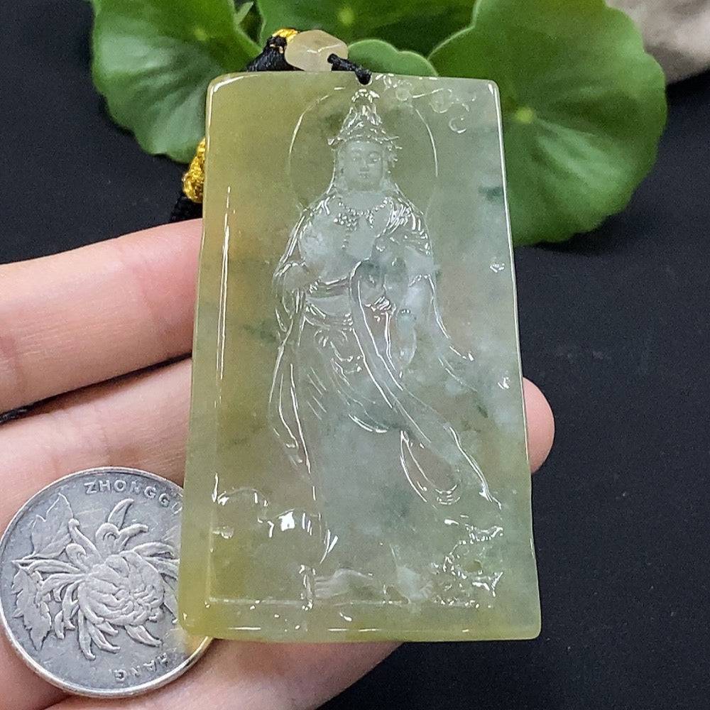 Jadeite Guanyin pendant weighing 38g, crafted from green jade with detailed carved figure, displayed against a neutral background.