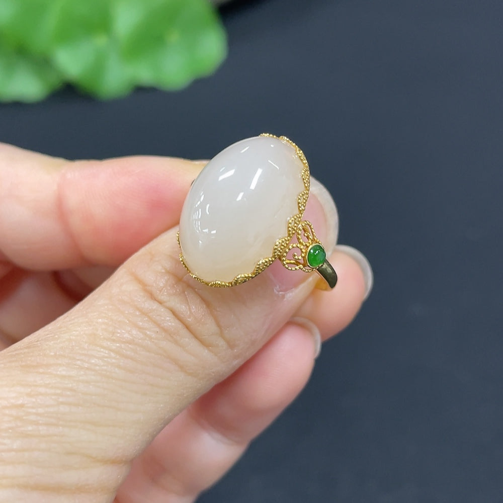 Hetian Jade Cabochon Inlaid Ring, 18k Gold, Size 15, Total Weight Approx. 3.3g