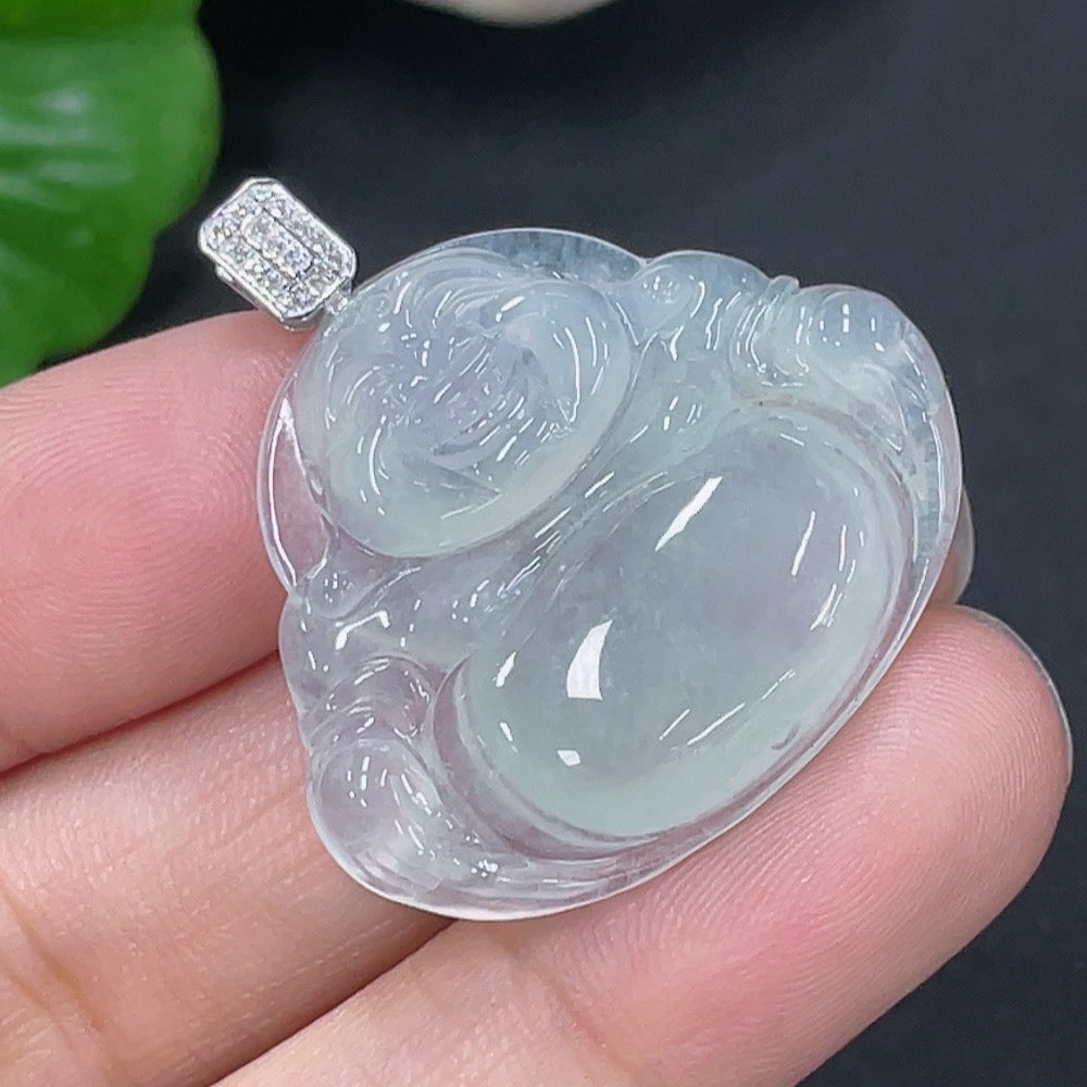 Jadeite Pendant Buddha with 18k Gold and Diamond Accents, Total Weight Approximately 5.92g