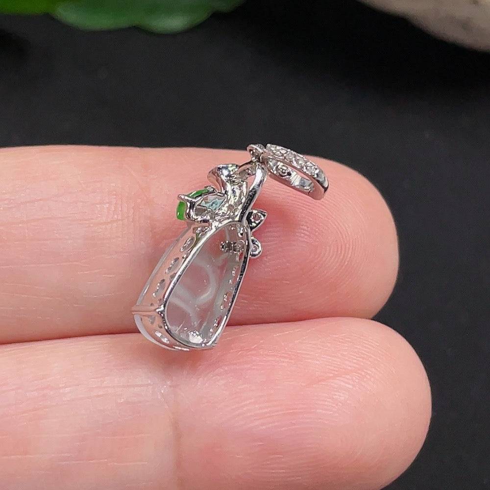 Jadeite lucky bean pendant with diamond accents on 18K gold chain, crafted by HUILIU HQ, weighing approximately 1g.