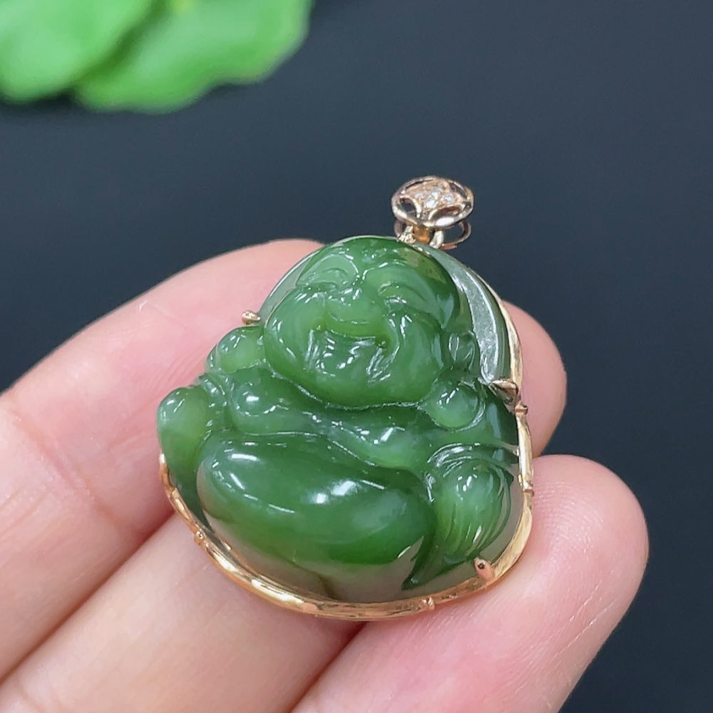 Hetian Jade Jasper Inlaid Buddha Pendant with 18K Gold Clasp, Main Body 70% Gold Content, Accented with Diamonds