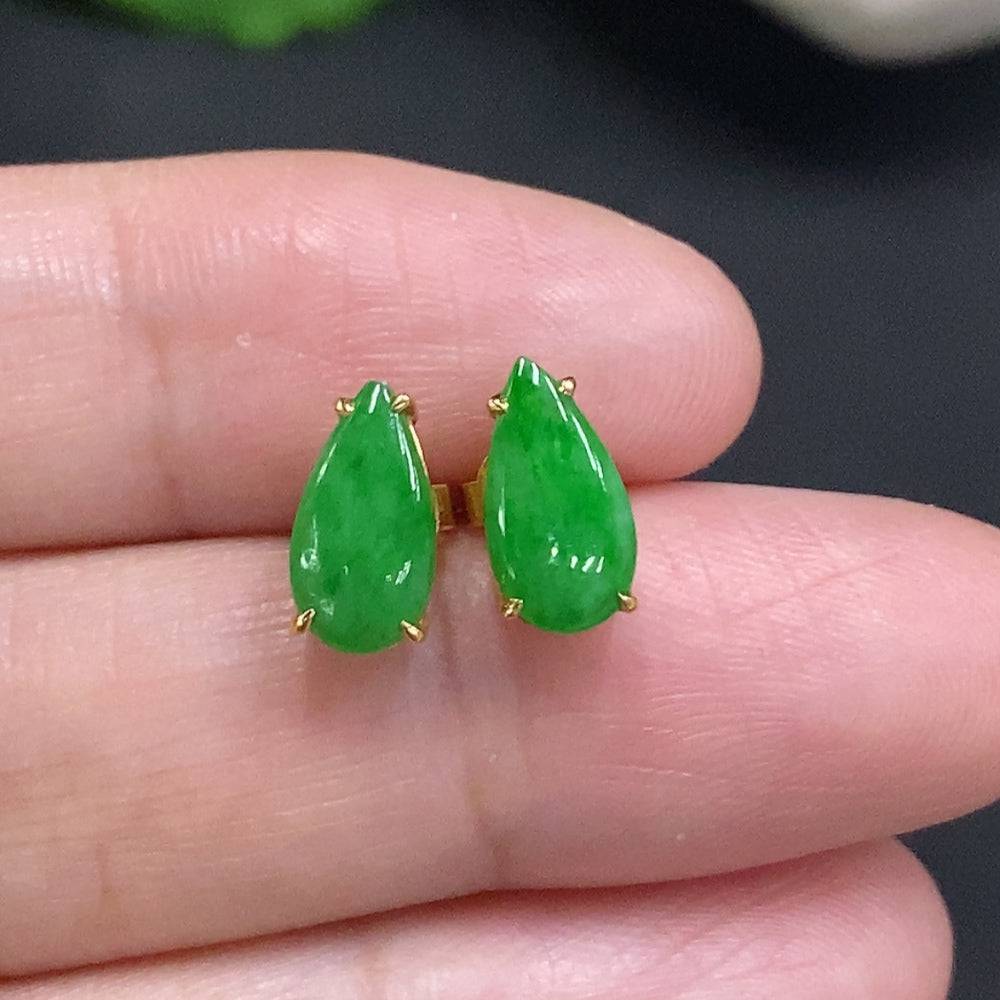 HUILIU HQ jadeite ear studs with 18K gold setting, delicate jade jewelry for pierced ears, lightweight and elegant design