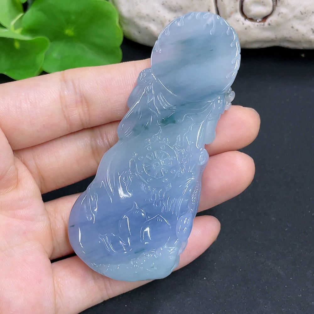 Jadeite pendant featuring Samantabhadra, weight 52.6g, hanging on a necklace with intricate design details.