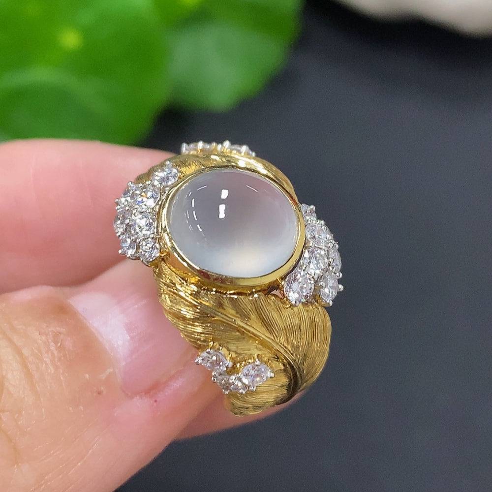Jadeite cabochon inlaid ring with 18K gold band, size 11, featuring a smooth, polished green jade stone on a gold setting.