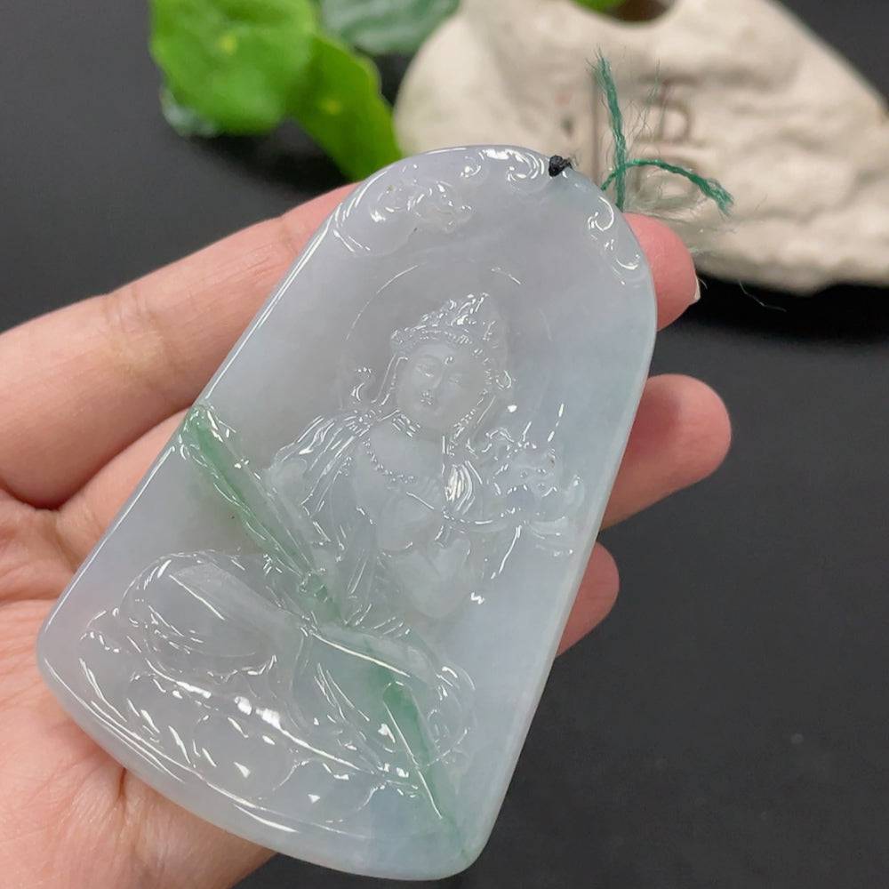 Jadeite Guanyin pendant with intricate carving, weighing approximately 51.47g, crafted from quality jade by HUILIU HQ.