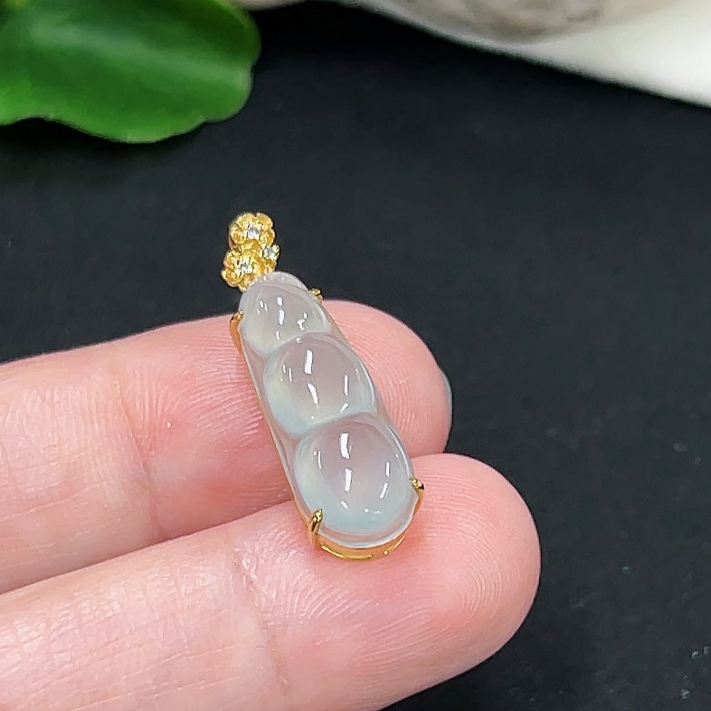 Jadeite auspicious bean pendant in 18K gold with diamond accents, elegant necklace jewelry from HKHQ.