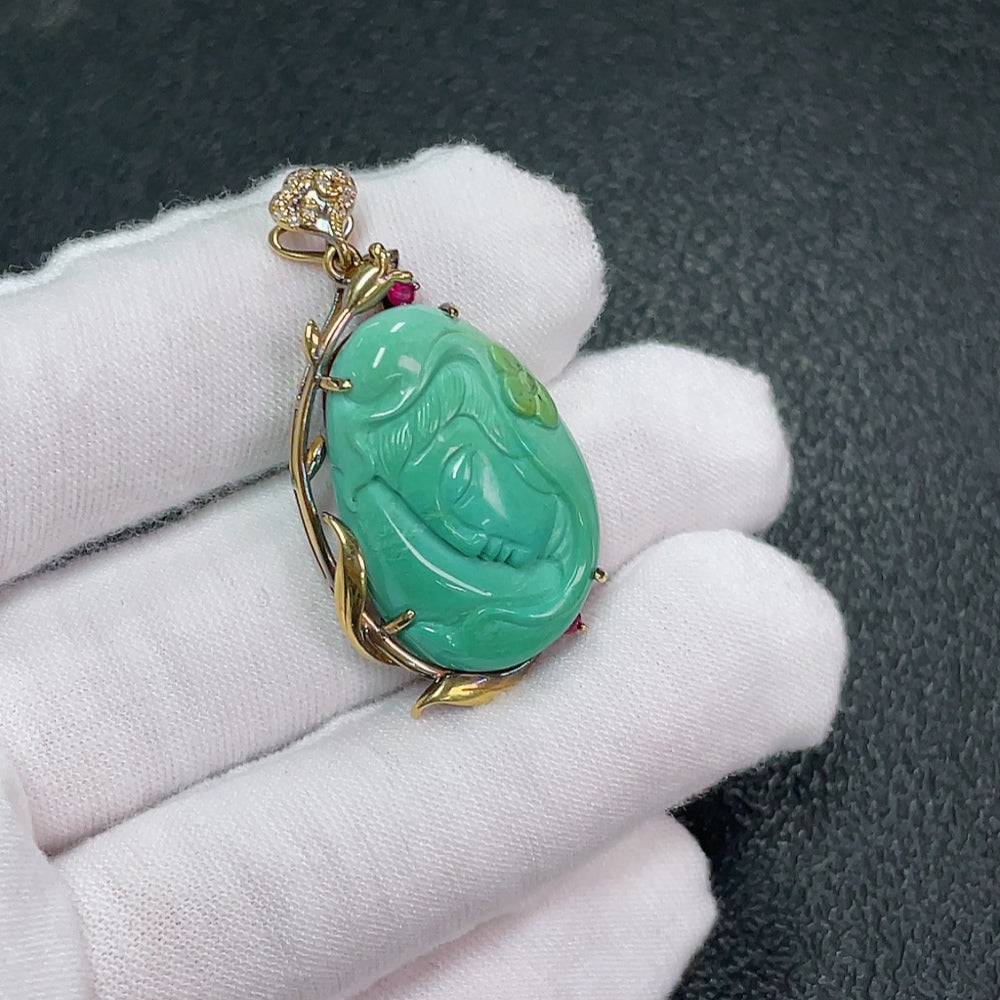 Turquoise Pendant with Diamond (Colorless) Accents 18K Gold Total Weight Approx. 8.3g