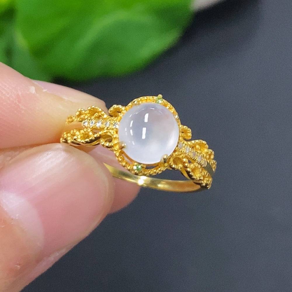 Jadeite cabochon ring with 18K gold and diamond accents, size 13, from HUILIU HQ, showcasing the polished jade gemstone.
