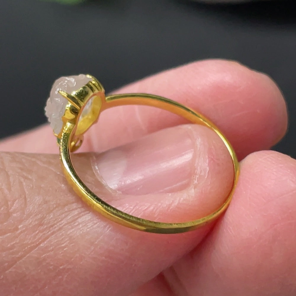 Jadeite cabochon solitaire ring with 18K gold setting, accented with small diamonds, size 13, from HUILIU HQ.