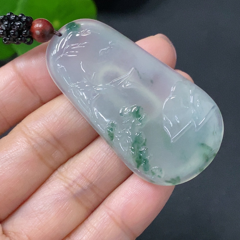 Jadeite pendant featuring a bamboo section, weighing 19g with cord and non-A grade beads, crafted by HUILIU HQ.