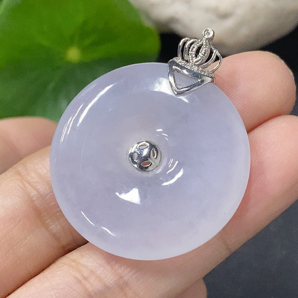Huiliu Jadeite safety pendant with clasp and diamond accents, showcasing smooth green jade and sparkling details.