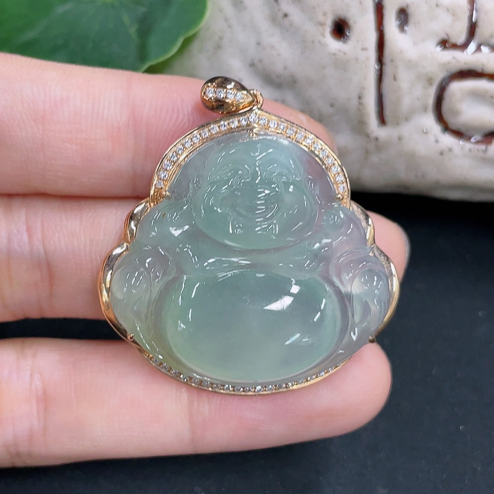 Jadeite pendant featuring a Buddha design with 18k gold and diamond accents, weighing approximately 12.5 grams, by HKHQ.