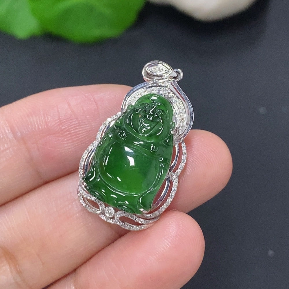 Jadeite Buddha Pendant with 18K Gold and Diamonds