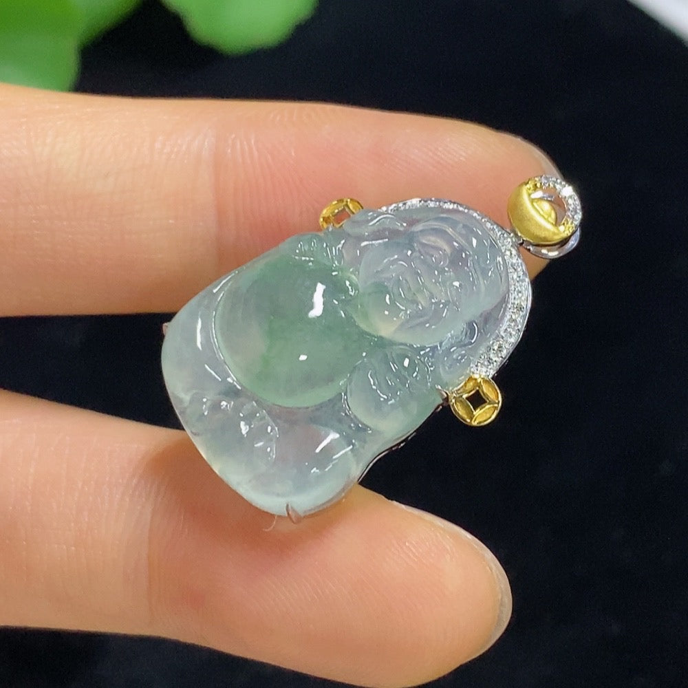 Jadeite Maitreya Inlaid Pendant 18k with Diamond, Total Weight Approx. 4.46g