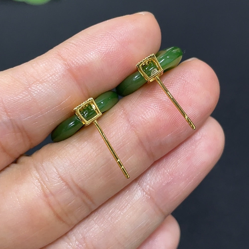 Green Hetian Jade Inlaid Earrings with Diamond Accents, 18K Gold