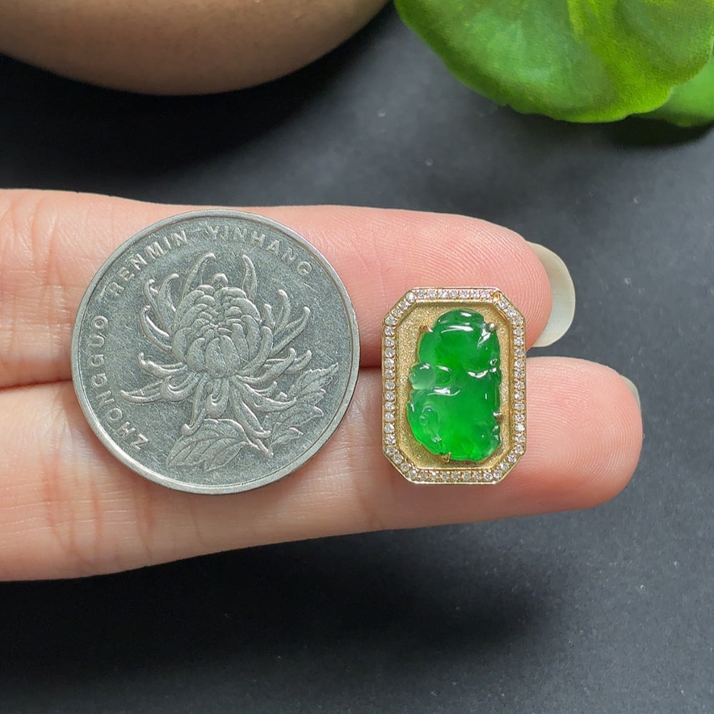 Jadeite inlaid pendant with diamond accents on 18k necklace, featuring intricate design and elegant craftsmanship.
