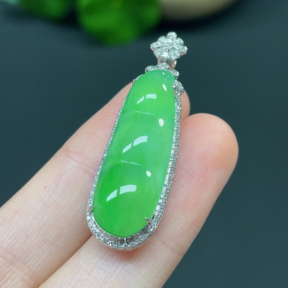 Jadeite Bean Pendant with 18K Gold and Diamond Accents