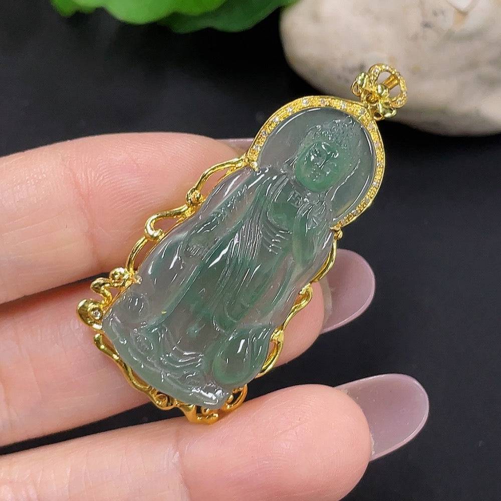 Jadeite Buddha pendant with 18K gold bail, crafted from green jade, weighs approximately 5.9g, by HUILIU HQ.
