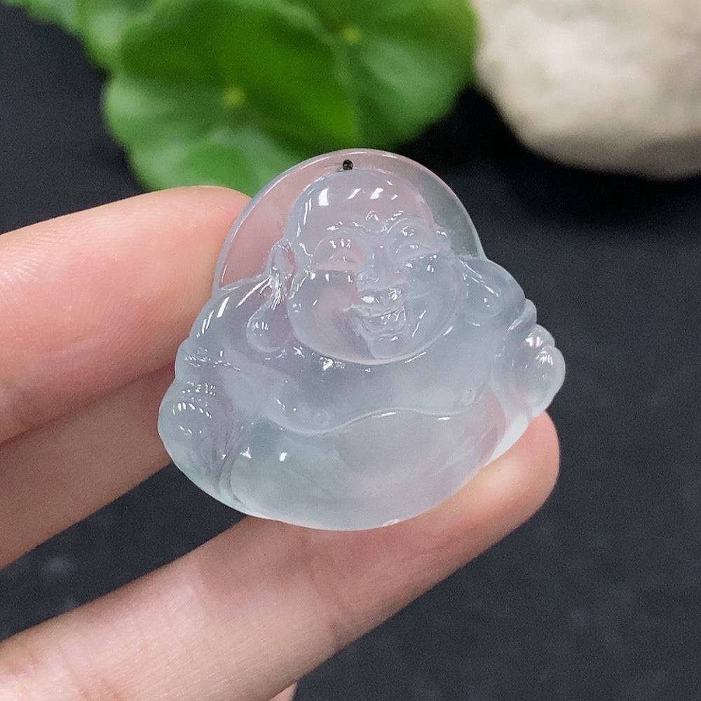 Jadeite Buddha pendant from HUILIU HQ, featuring a detailed carved Buddha figure on smooth green jade, weighing approximately 12.14g.