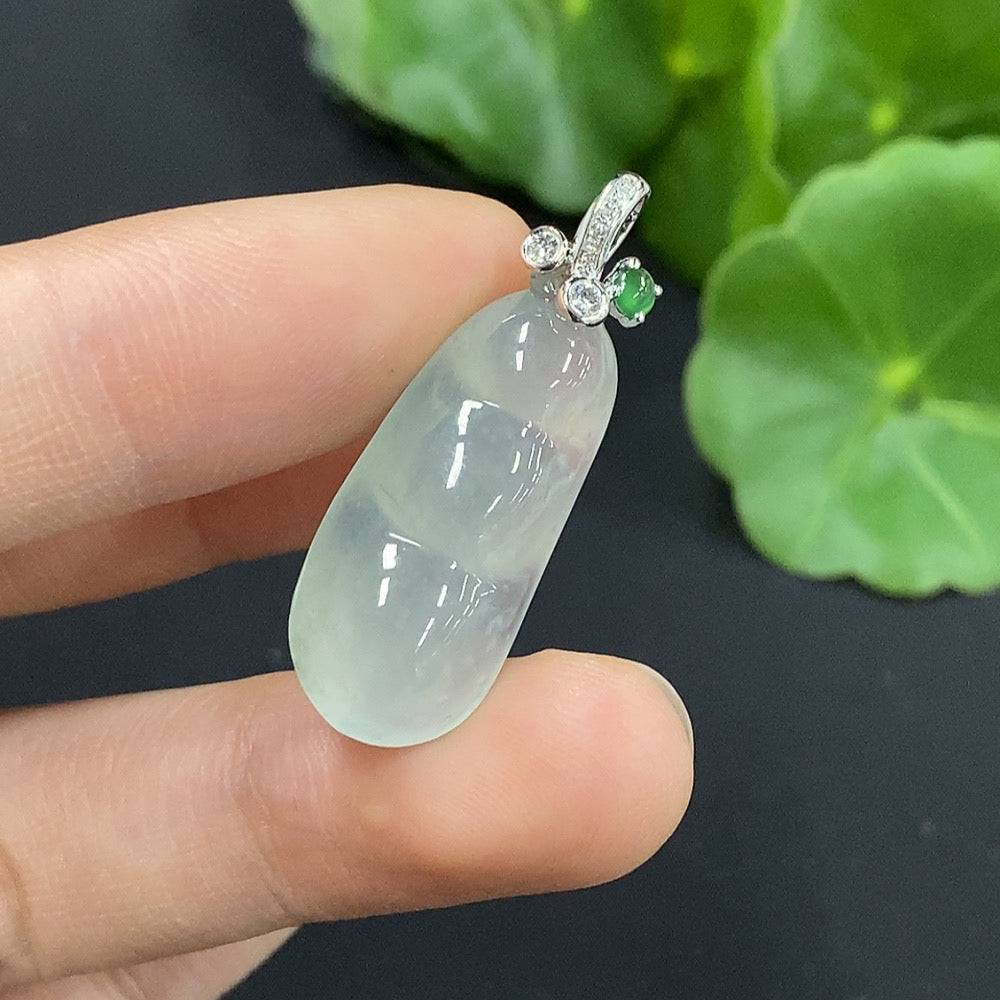 Huiliu Jadeite Lucky Bean Pendant with diamond accents, featuring a smooth green jade design on a jewelry chain.