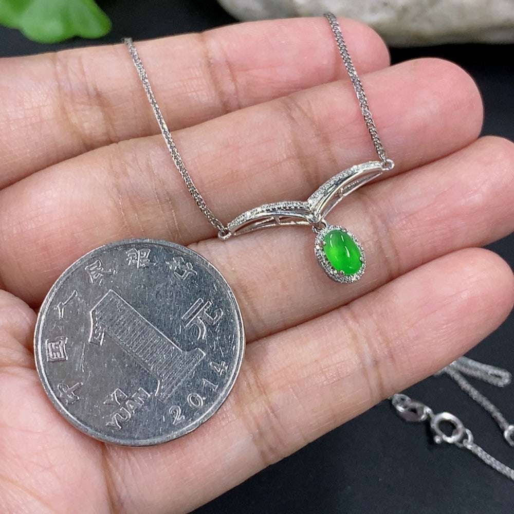 Jadeite Cabochon Pendant Necklace with 18K Gold and Diamond Accents