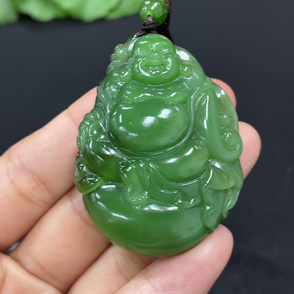 Hetian Jade Jasper Buddha pendant necklace with rope, weighing about 37.4g, featuring natural beads, from HKHQ.