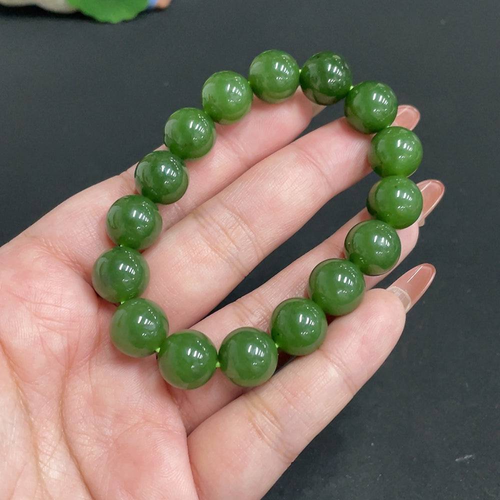 Hetian jade jasper bracelet with 11.5mm beads, weighing approximately 41.6g, featuring natural green and brown tones.